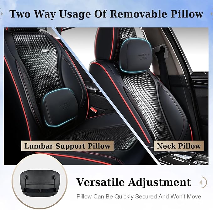 Coverado Seat Covers, Car Seat Covers Front Seats, Waterproof Nappa Leather Auto Seat Cover with Lumbar Head Pillow, Black Redline Seat Covers Carseat Cover Universal Fit for Most Cars
