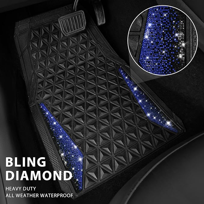 CAR PASS Bling Diamond Car Mats Rubber Floor Mats Full Set Anti-Slip 3D Rhombus Waterproof Trim to Fit Liner Universal Glitter Crystal Sparkly Shining Rhinestone Girl Women SUV Sedan Van, Black Blue