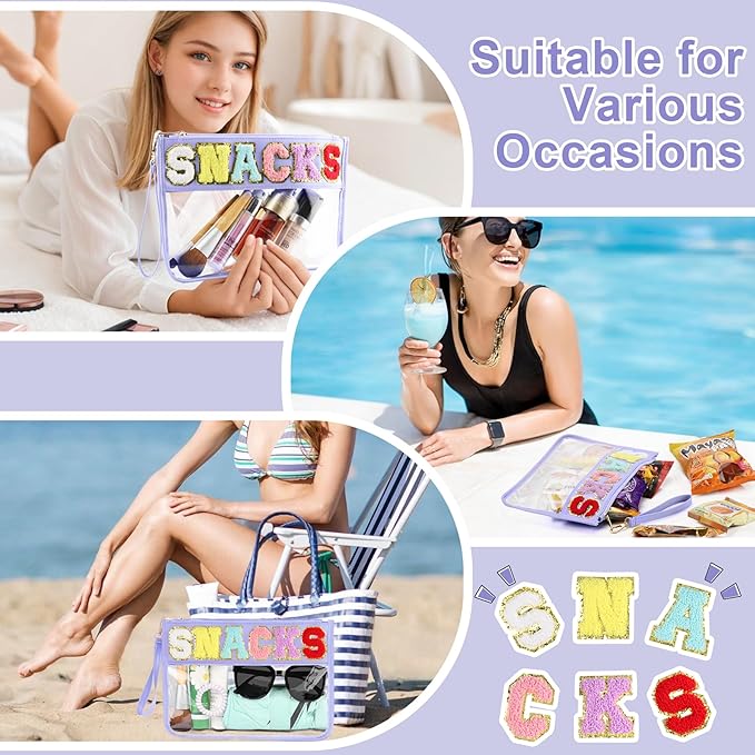 Snack Bag for Travel - Clear Chenille Varsity Letter Flat Pouch with Zipper, 12.2×8.46 inch Waterproof Clear Nylon Preppy Patch Makeup Cosmetic tote Bags for Women Girls