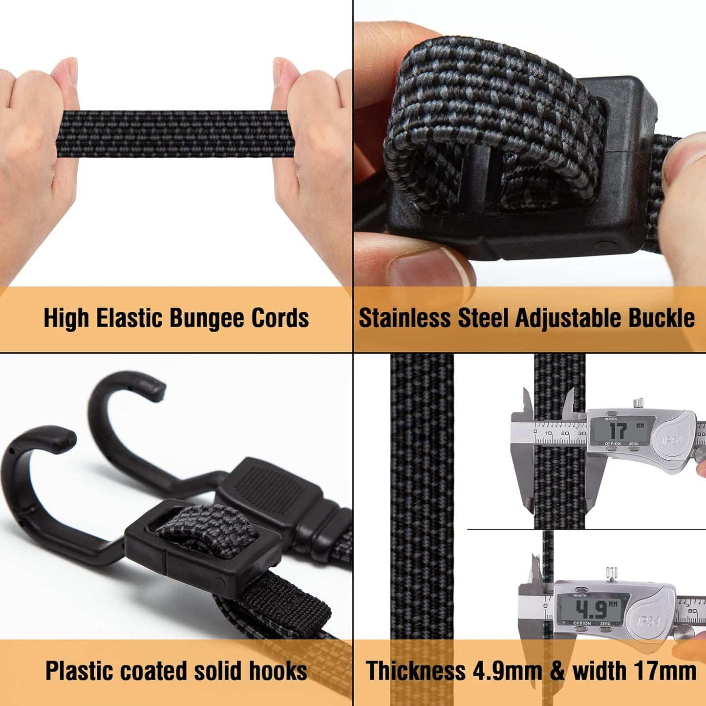 Bungee Cords, Flat Adjustable Bungee Cords with Hooks Heavy Duty 48 Inch, Elastic Rubber Black Bungee Straps with Buckle Hooks for Outdoor, Camping, Tarps, Bike Rack, Tent, Truck, 6 Pack