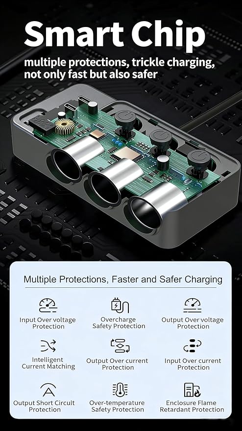 8-in-1 Car Cigarette Lighter Splitter, QC3.0 3 USB Ports & 2 Type-C PD 35W Fast & Safe Charging,3 Sockets with Independent/ Master Switches, Real-Time Voltage Display, Smart Trickle Charging, 12-24V