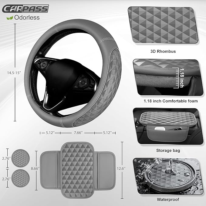 CAR PASS 3D Rhombus Memory Foam Leather Steering Wheel Cover Set, Comfortable Center Console Armrest Cushion Cover with Storage Bags Non-Slip Cup Coasters, 14.5-15in Car Interior Sets, 4 PCS All Gray