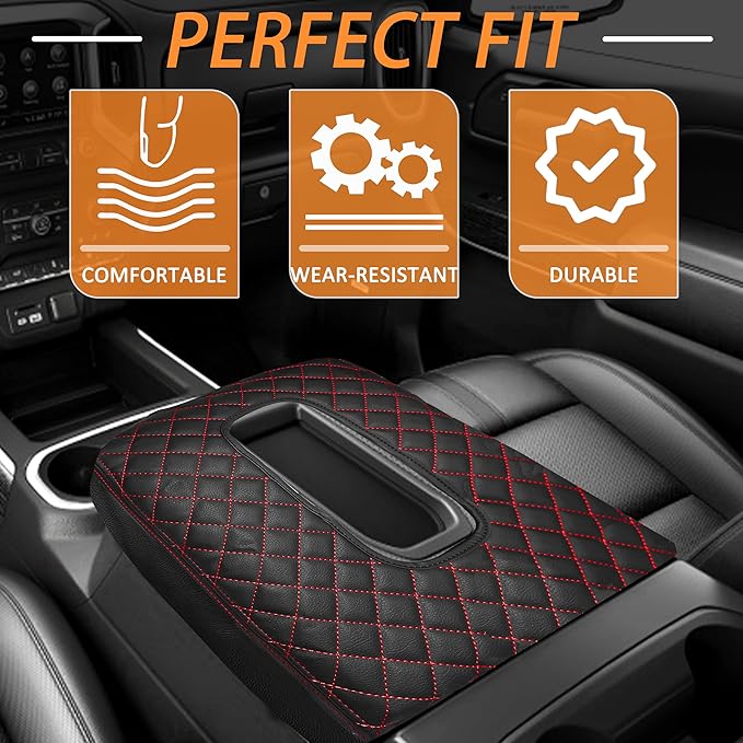 Center Console Cover for Chevy Silverado/GMC Sierra Accessories 2019-2026, Tahoe & Suburban & Yukon 2021-2026 Armrest Cover Middle Console Leather Protector Pad (Bucket Seat Consoles)(Red Stitches)