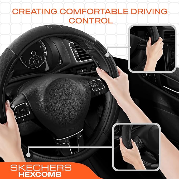 Skechers Steering Wheel Cover,Leather Steering Wheel Cover Hexcomb Design Embedded TPE Steering Wheel Universal Fit 14" 1/2-15" Car Wheel Protector for Men Women Fit Suvs,Vans,Sedans,Car,Trucks,Black