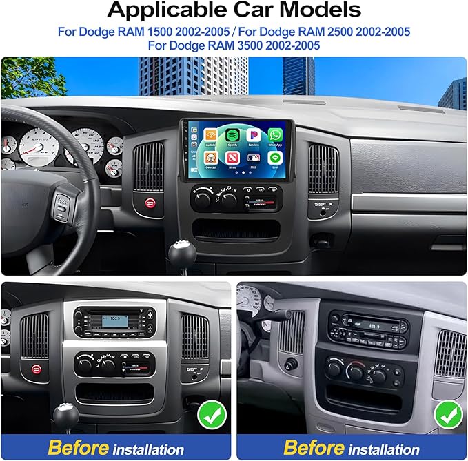 2G+64G Car Radio Stereo for Dodge RAM 1500 2500 3500 Radio 2002 2003 2004 2005 with Wireless CarPlay Android Auto 9" Touch Screen Head Unit with HD Backup Camera Android 13 Radio GPS WiFi Mirror Link