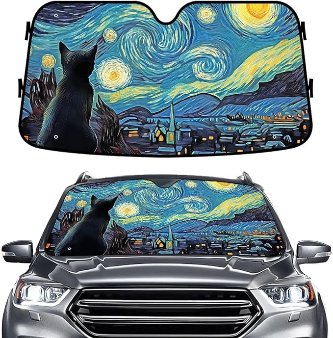 GENANY Cat Starry Night Windshield Sun Shade for Car SUV Truck (55x30 Inches), Sun Shade Windshield, Shades for Front Windows, Protector Blocks UV, Car Decor