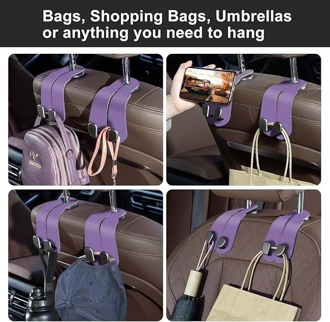 CoBak Purse Hook for Car - Universal Premium Stitched Leather and Aluminum-Magnesium Alloy Double Car Seat Back Storage Hook for Purses, Handbags, Bags (2 Pack),Amethyst Purple