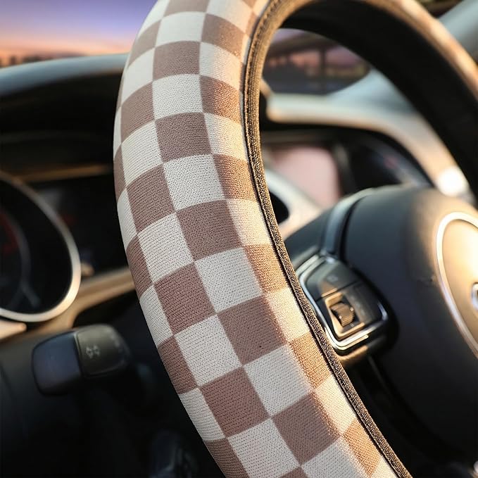 Checkered Brown Steering Wheel Cover - Checkered Brown Steering Wheel Cover Anti-Slip Breathable Universal 14-15 Inch Car with 2 Pcs Car Coasters Suitable Men Women