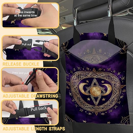 Moon and Star Car Trash Bag,Purple Crescent Moon Hanging Drawstring Car Garbage Bag,Canvas Car Back Seat Organizer with Adjustable Buckle for Men and Women