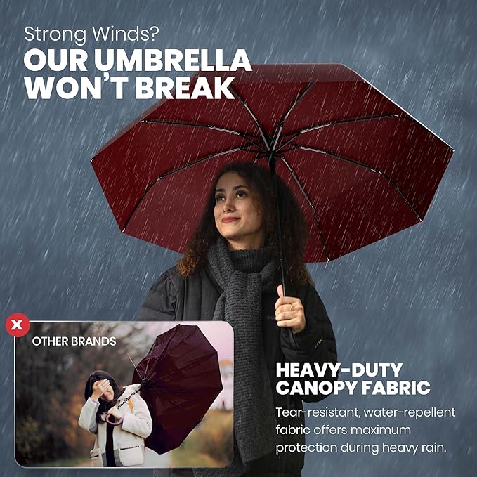 Rain-Mate Windproof Compact Umbrellas for Rain - Strong Reinforced Fiberglass Rib Design & Auto Open & Close - Portable Folding Travel Umbrella - Lightweight & Packable for Women & Men, Easy Collapse