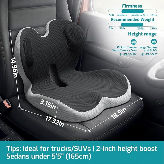 Trucker Seat Cushion, Car Seat Cushions with Lumbar Support Pillow, Ergonomic L-Shaped Orthopedic Memory Foam Pad for Long Driving Back Pain Sciatica Relief, Drivers Office Workers (Black+LGrey)