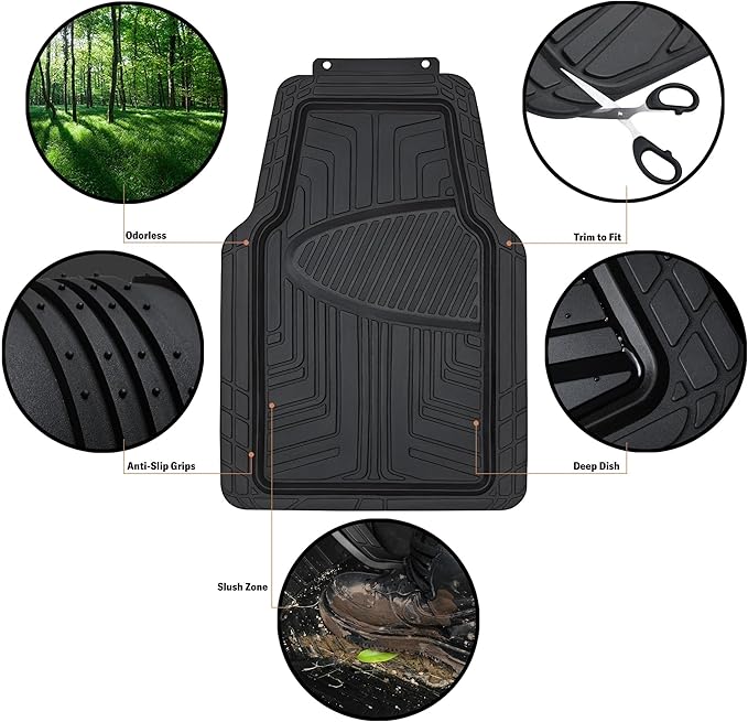 Amazon Basics 4-Piece Premium All-Season Anti-Slip Rubber Floor Mats, All Weather Protection for Cars, SUVs and Trucks, Universal Trim to Fit, Black