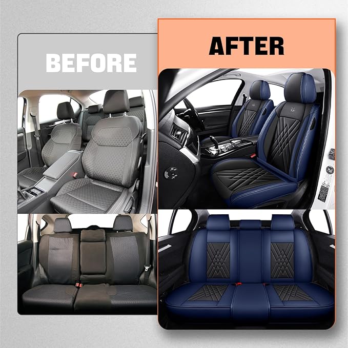 Car Seat Covers Compatible with Toyota Camry 2012-2026 Durable Waterproof Automotive Seat Covers Stretchable Fabric Material, Airbag Compatibility, Premium Nappa Leather(Black Blue, Full Set)