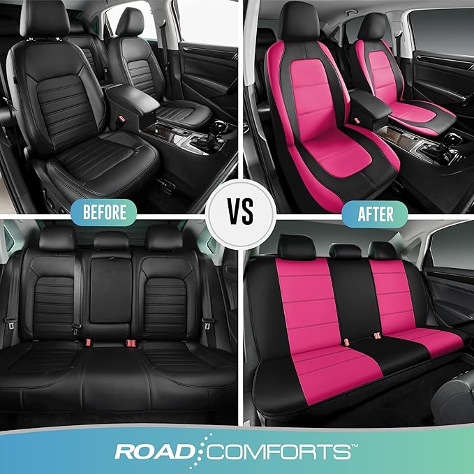 Road Comforts Car Seat Cover, Leather Car Seat Cover Full Set, Automotive Seat Covers, Airbag Compatible Universal Fit for Most Cars (Hot Pink)