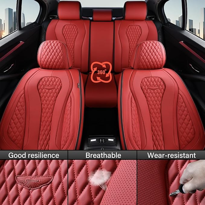 Coverado Car Seat Covers Full Set, Seat Covers, Car Seat Cover, Car Seat Covers Front Seats Back Seat Cover, Waterproof Car Seat Cushion, Leather Red Seat Covers Seat Protector Universal Fit Most Cars