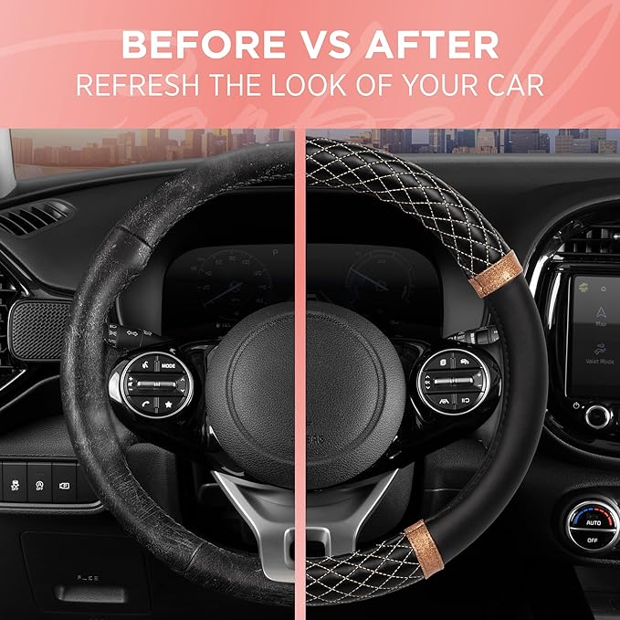 Carbella Rose Gold Quilted Steering Wheel Cover - Elegant Craft 15" Steering Cover for Cars, Trucks, SUV Accessories Accent