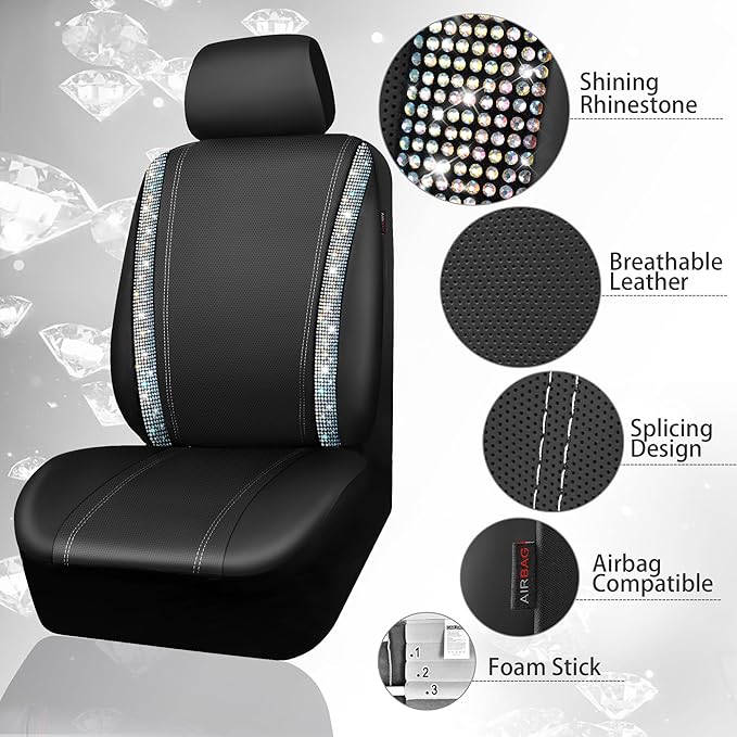 CAR PASS Bling Diamond Car Seat Cover Full Set, Shining Rhinestone Waterproof Leather, Rear with Zipper, Universal Fit 95% Automotive Glitter Sparkle Crystal for Cute Women Girl, Colorful Diamond