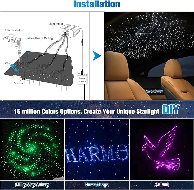 CHINLY Starlight Headliner Kit,650pcs 9.8ft 0.03in Star Light Headliner Kit,Twinkle Star Lights for Car,RGBW+APP+Remote Fiber Optic Lights Star Headliner Kit,Car Star Lights for Ceiling Car,Theater
