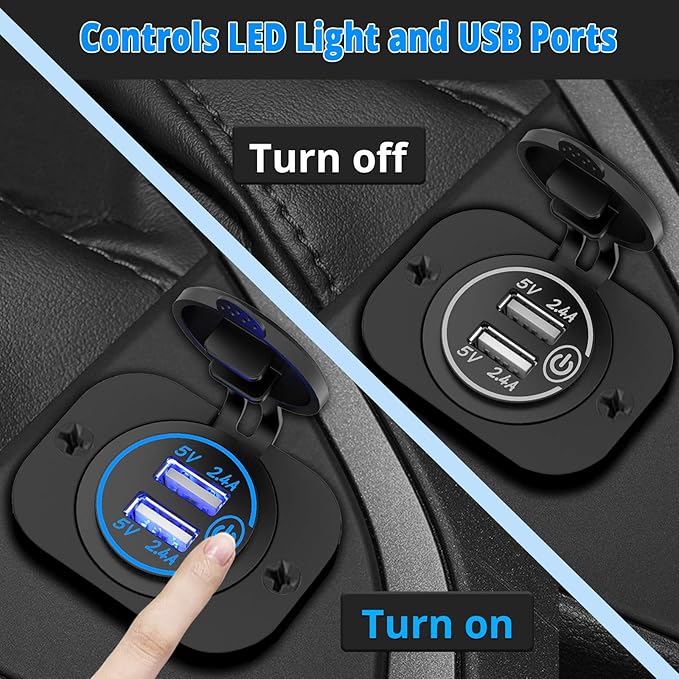 Dual USB Socket 12V Marine Outlet with Switch Golf Cart USB Port 12 Volt DC Car Charger Mount Waterproof Cigarette Lighter Power Adapter DIY Kit Fast Charge with Blue LED for Boat Motorcycle ATV RV