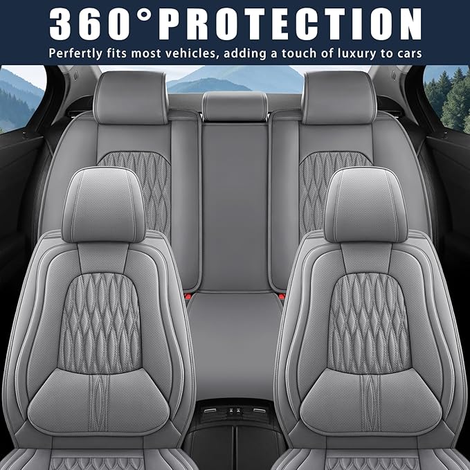 WELLDO Car Seat Covers Full Set, Leather Seat Covers for Car, Waterproof Car Seat Protector with Lumbar Support, Automotive Seat Covers Universal Fit for Most Cars SUV Truck,Gray,w02.
