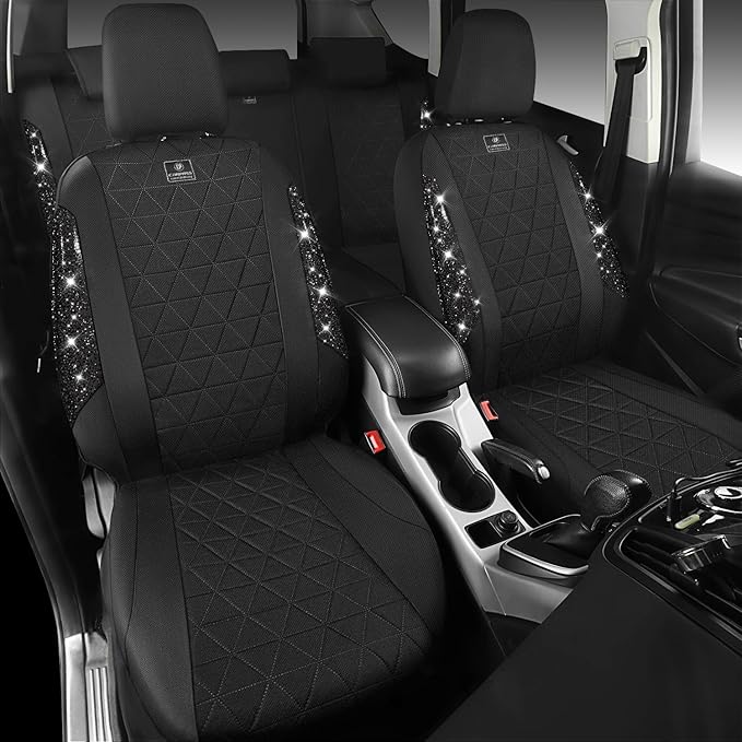 CAR PASS Oxford Bling Diamond Car Seat Covers Full Set Interior Sets, Waterproof Shining Glitter Sparkly Crystal Universal Armrest Fit 95% Automotive Truck SUV Cute Women Girl, All Black Rhinestone