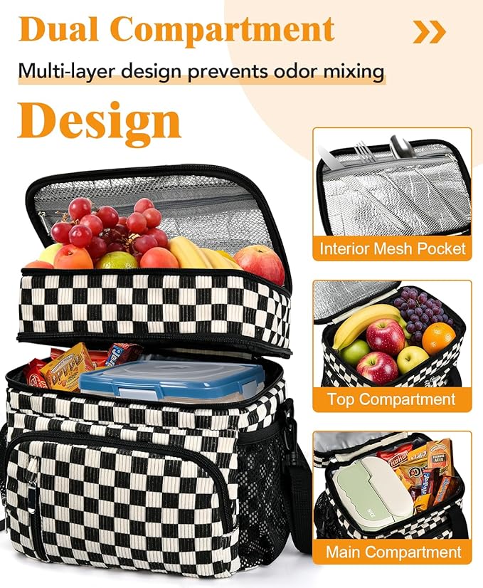 Insulated Lunch Bag for Women, Double Leakproof Lunch Box Soft Cooler Tote with 5 Pockets, 600D Oxford, EVA Lining, Adjustable Strap for Work, Picnic, Beach&Travel- Corduroy Black Checkered