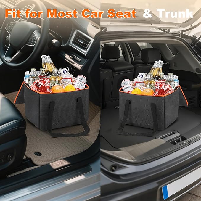 Portable Soft Cooler Bag, Collapsible Insulated Leak-Proof Car Cooler Bag, Insulated Ice Chest with Waterproof Zipper, Leak-Proof Organizer for Cars, Fits Most Vehicles, Orange