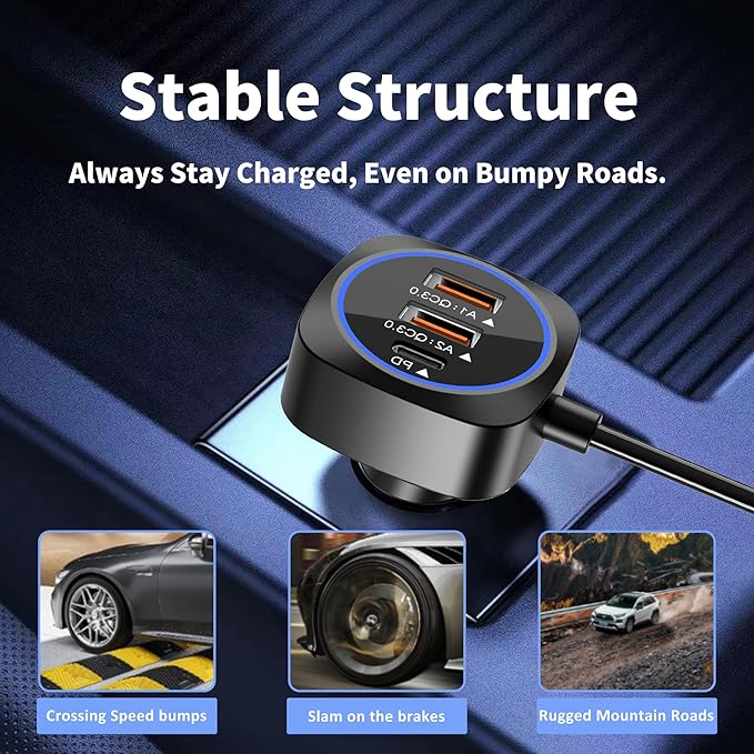 Car USB Charger Multi Port with 5.9FT Extension, QC3.0 76W Fast Charging Cigarette Lighter USB C Charger Adapter Multiple Ports for Mobile Phones and ipad