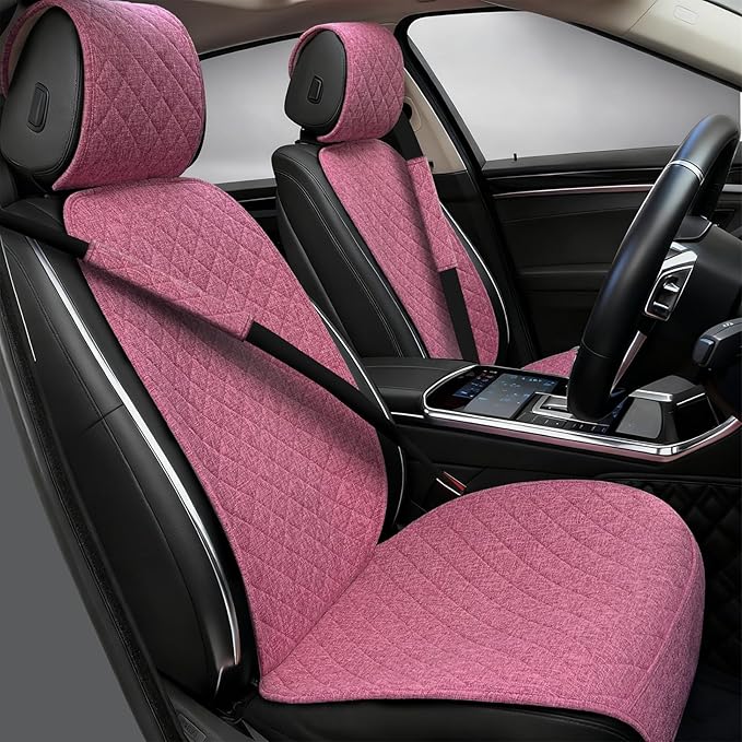 2PCS Linen Car Seat Covers Front Seats,Breathable Cloth Fabric Car Seat Protector - Universal Cloth Seat Covers Fit for Cars, Vans, SUVs, Trucks and for All Seasons - Pink