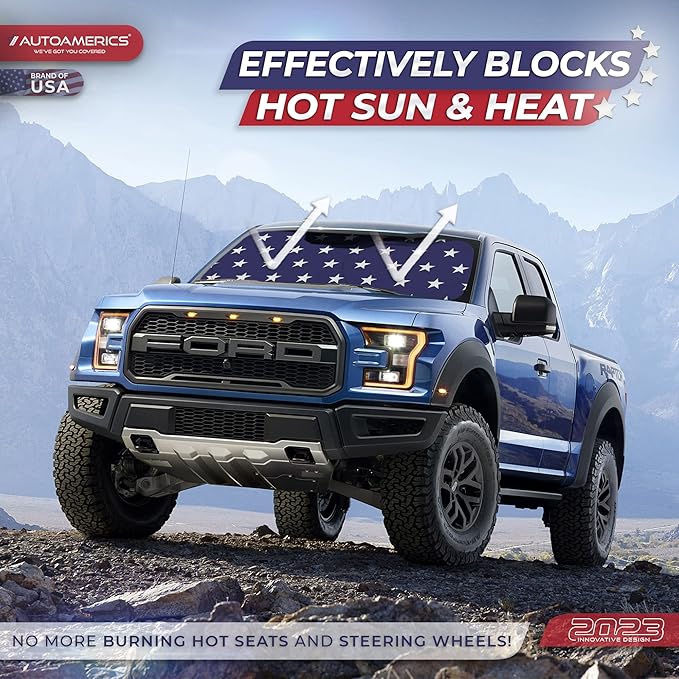 Autoamerics 1-Piece Windshield Sun Shade American Stars Flag USA Patriotic Design - Foldable Car Front Window Sunshade for Sedans SUV Truck - Blocks Max UV Rays and Keeps Your Vehicle Cool - Medium