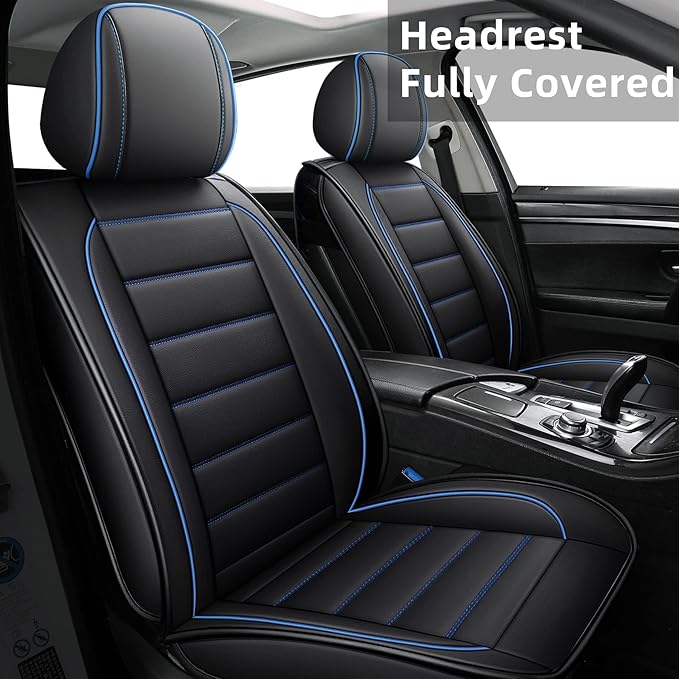 CAPITAUTO Seat Covers, Car Seat Covers Full Set, Black Car Seat Cover, Car Seat Covers Front Seats Back Seat Cover, Waterproof Faux Leather Seat Covers Fit for Most Cars Trucks SUV(Black&Blue)