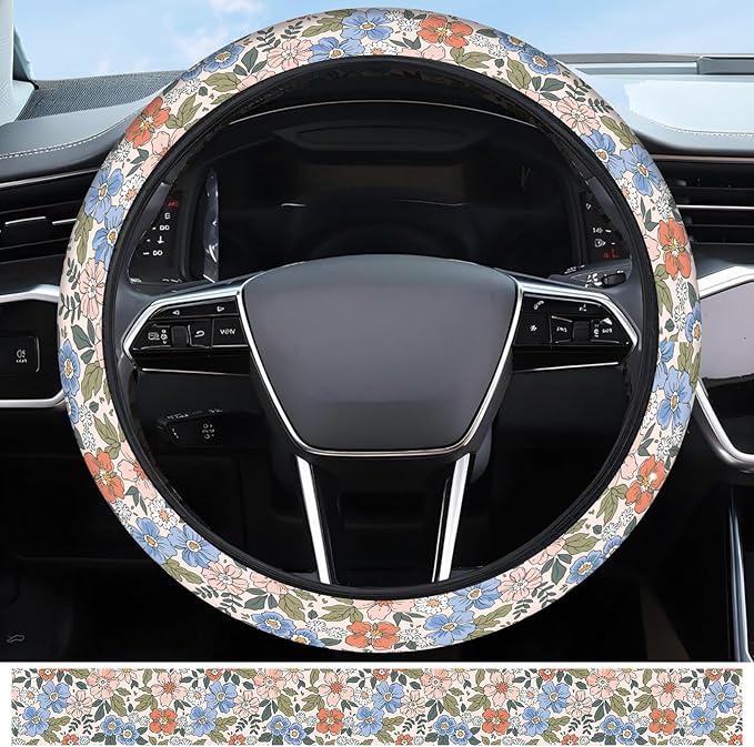 Elastic Car Steering Wheel Cover, Universal 15 inch Non-Slip Breathable Neoprene Steering Wheel Protector, Car Accessories for Women Men Fit Auto, Suvs, Truck Colorful Floral Bloom