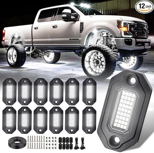 12Pods Metal Bright Pure White LED Rock Lights Kit,Per pod provided 15FT Power Cord,6500K 36LEDs Neon Underglow Light Aluminum Waterproof Fender Lights for Trucks Trailer Jeep Off Road ATV UTV