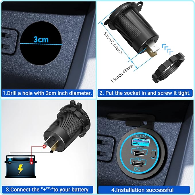 USB C Car Charger Socket 12V USB Outlet 2 Pack,78W RV USB Outlet Dual 30W PD USB-C and 18W QC3.0 Car USB Port with Button Switch Waterproof for Car RV Boat Marine Truck Motorcycle ect