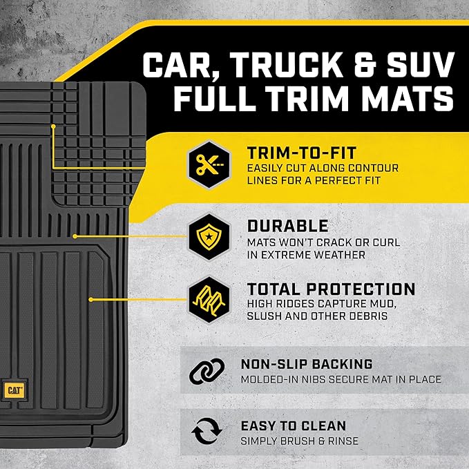 CAT® Car Mats Full Set - Automotive Floor Mats & Cargo Liners & SUV Floor Mats - Car Floor Mats All Weather Trim-to-Fit Rubber Universal Car Mats & Trunk Cargo Liners Black Floor Mats for Mini-Van