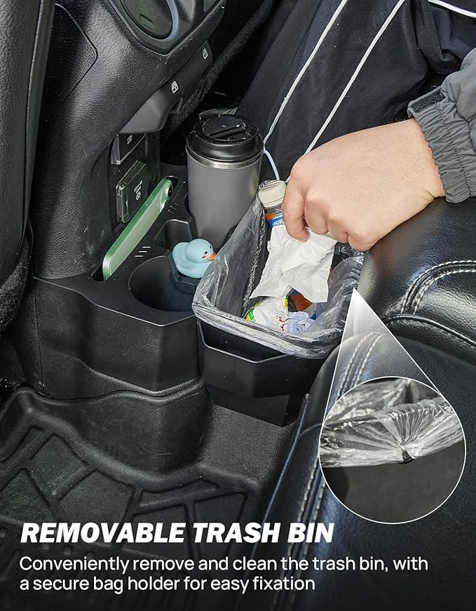 JOYTUTUS Backseat Cup Holder Storage Box Tray Organizer with Removable Trash Bin for Wrangler JL Gladiator JT, 2 Large Cup Holders Phone Storage, Floor Console Mounted Easy No-Drill Installation