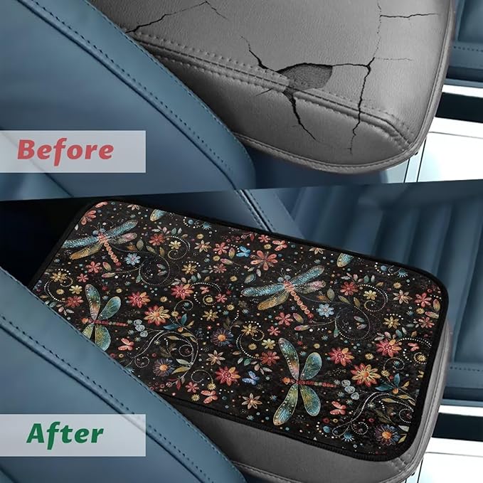 Flower Dragonfly Car Armrest Cushion Scratch Resistant Car Center Console Cushion Pad Full Coverage Armrest Cover Center Console Cushion Fit for Cars Truck SUV or Vans
