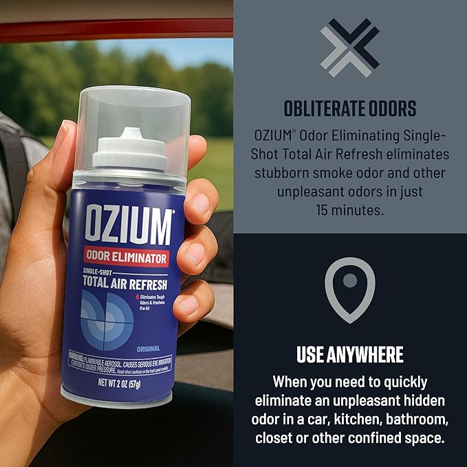 OZIUM Air Freshener Odor Eliminator, 2oz Single Shot Total Air Refresh & Car Air Freshener – Carbon Black – 4 Pack