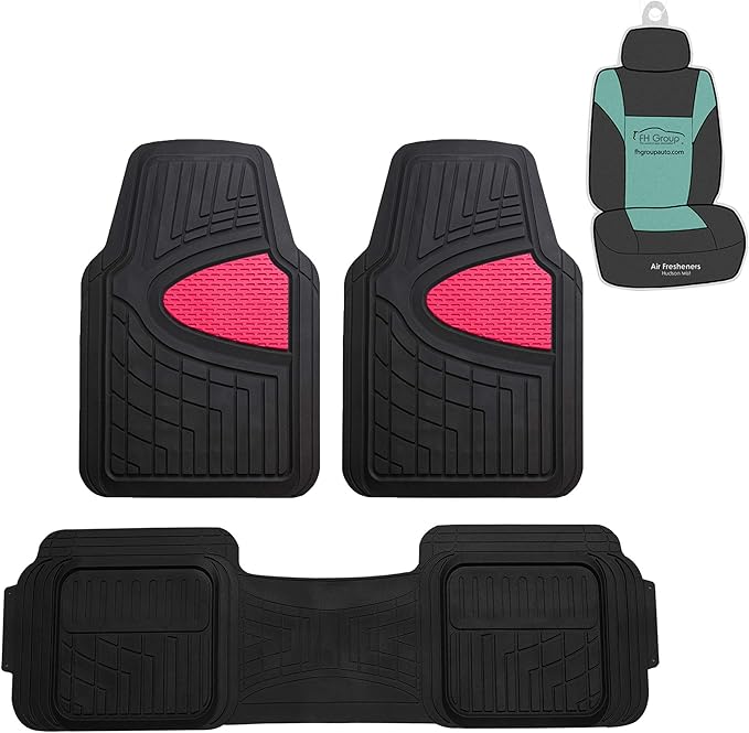 FH Group Automotive Floor Mats Tall Channel Pink Universal Fit Full Set Climaproof™ for Most Sedan, SUV and Trucks, Trimmable Rubber Combo Small Car Seat Cover Design Heavy-Duty Floor Mats for Car