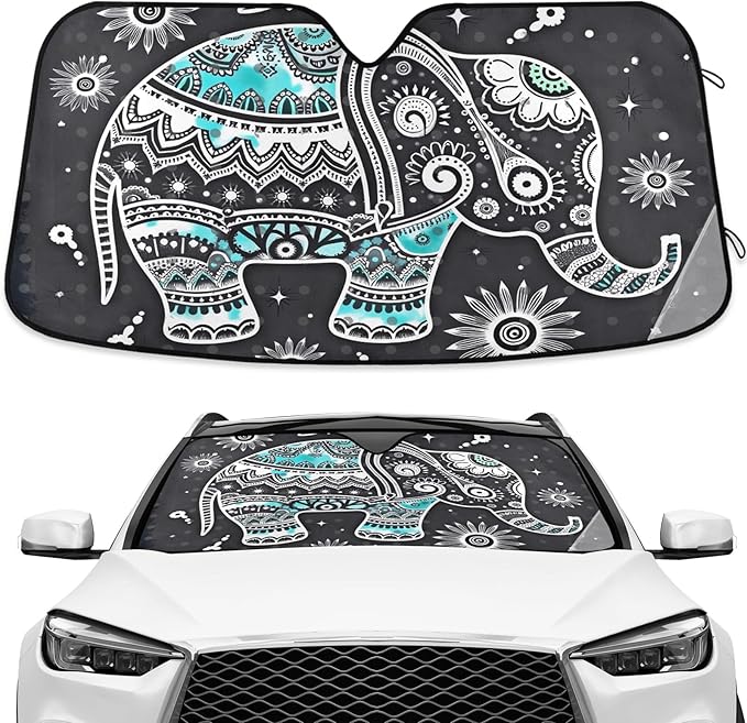 Elephant Window Shade for Car Elephant Windshield Sunshade Blocks UV Rays Visor Protector Indian Accordion Folding Sun Reflector Auto Sunshade for Car Truck SUV
