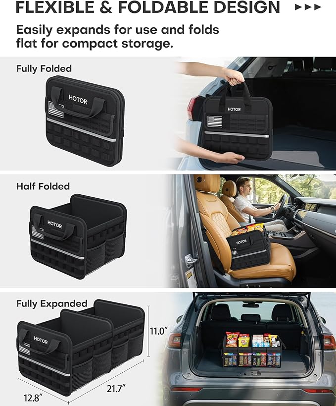 HOTOR Tactical Car Trunk Organizer - Foldable Trunk Organizer for SUV with Front MOLLE Pocket & Reflective Strips, Essential Car Accessories for Tools & Outdoor Storage, 12.8" x 21.7" x 11.0", Black
