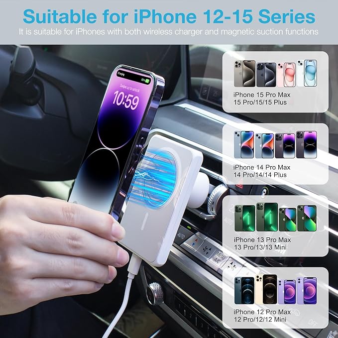 7.5W MagSafe Wireless Car Charger Mount Pro Strong Magnetic Vent Holder for iPhone 15/14/13/12 Series & More, 360° Rotation & Overheat Protection, White