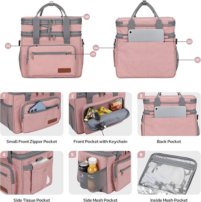 Maelstrom Lunch Box, 23L Insulated Lunch Bag, Expandable Double Deck Cooler Bag, Lightweight Leakproof Tote Bag With Side Tissue Pocket, Suit For Men and Women (E. Pink)