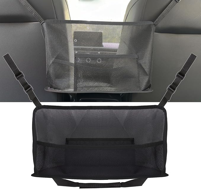 Car Storage Bag, Auto Net Pocket Handbag Holder, Driver Storage Netting Pouch for Document Phone Tissue Purse Storage, Organizer Mesh Bag Between Two Seats, Backseat Pets Barrier, Black