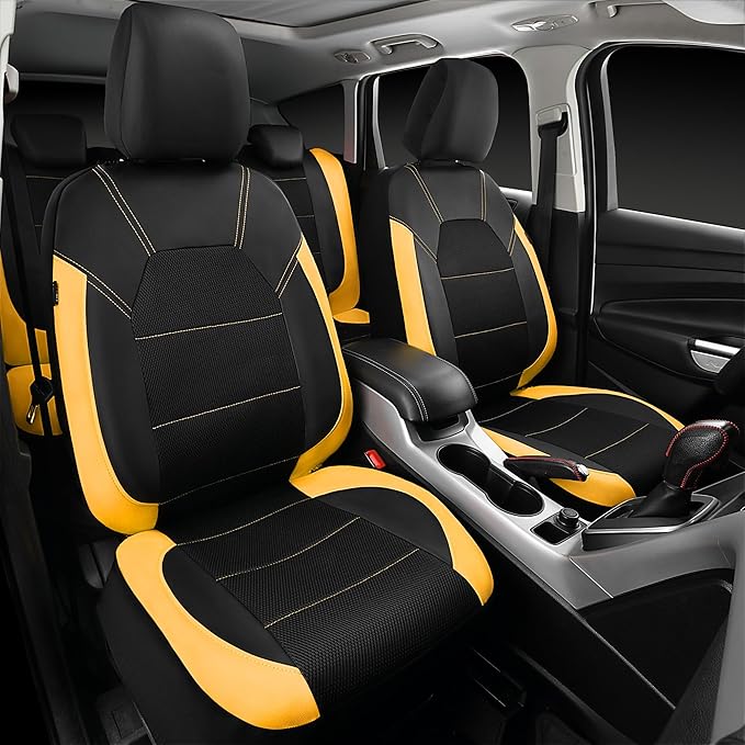 CAR PASS Leather Seat Covers, Breathable Universal Car Seat Cover Full Set for Cute Women Girly,5mm Composite Sponge Inside,Airbag Compatible Fits Most Auto,SUVs,Trucks,Vans(Full Set,Black&Yellow)