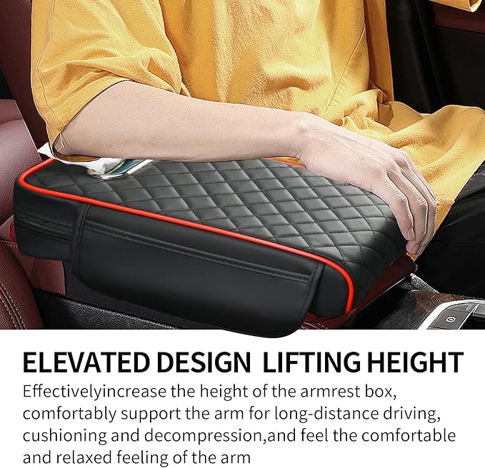 Car Center Console Cover, Leather Car Armrest Box Pad with Pocket and Tissue Box Arm Rest Cushion Universal Car Seat Box Cover Car Interior Accessories for SUV/Truck/Vehicle (Black+Red)