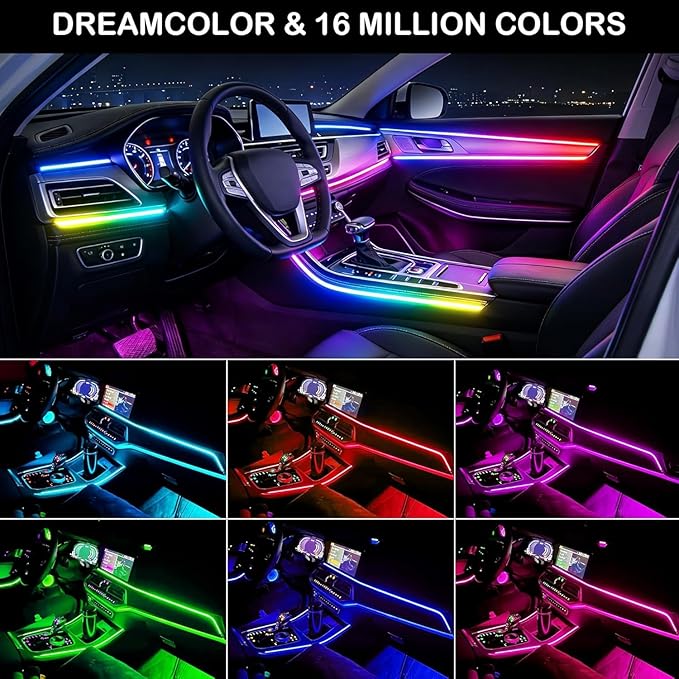 Interior Car LED Strip Lights,Acrylic LED Lights for Car with Dynamic Dreamcolor Chasing,116in 4 in 1 RGB Neon Strip Fiber Optic LED Ambient Lighting Kits with Remote APP,for Inside car Decorations