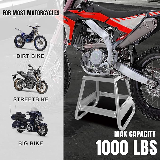 Big RED 1000lb Capacity Dirt Bike Stand, Universal, Detachable Maintenance Motorcycle Lift for Kawasaki, Honda, Yamaha, Silver