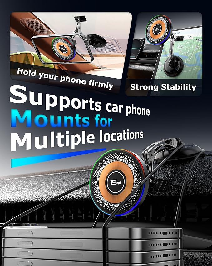 ZBF Magnetic Wireless Charging Car Phone Holder with 15W Fast Charging & Strong Vacuum Suction, 360° Rotatable Dashboard & Windshield Mount for Magsafe iPhone 17/16/15/14/13 Android Galaxy S24/S23/S22