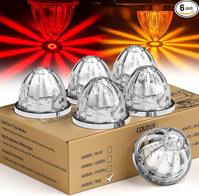 6-Pack Dual Color Watermelon Lights with Strobe & Steady Lighting Clear Lens Red/Amber LED Side Marker Turn Signal Lights for Truck Trailer RV Off-Road Vehicle